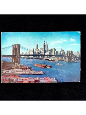 Vingate Postcard 1950s New York City Brooklyn Bridge Downtown Skyline East River